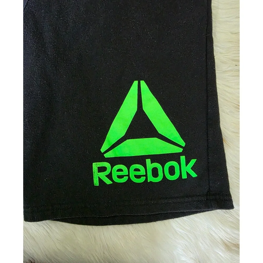 Reebok Boys XXL 18 Black Athletic Sweat Shorts Green Logo Elastic Waist
